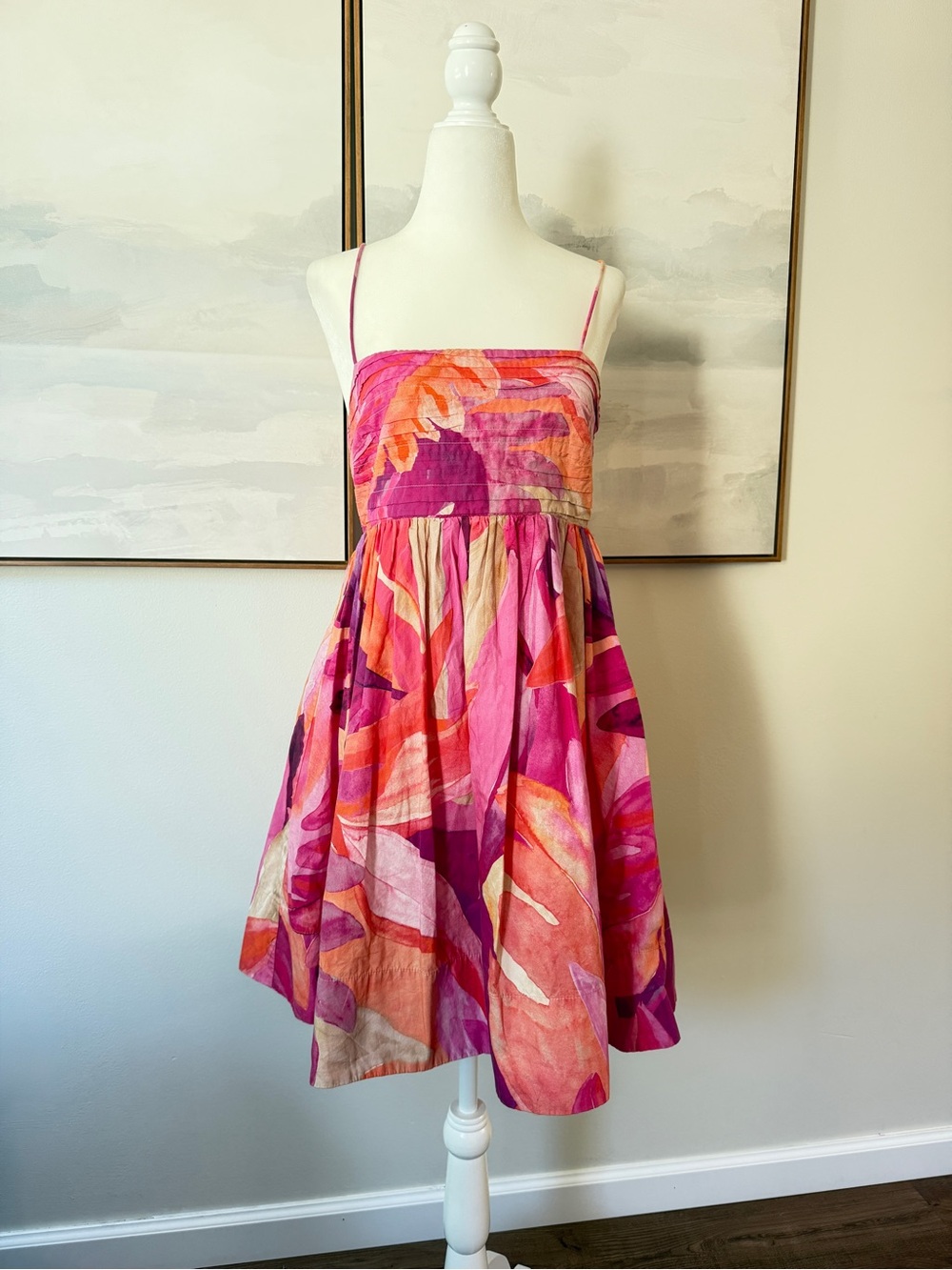 H&M Pink Bright Floral Babydoll Mini Dress Size Small